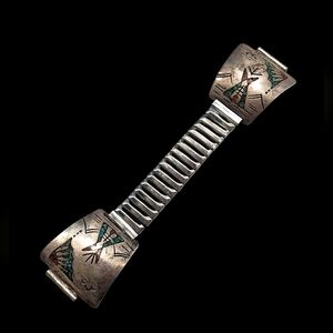 Vtg Native Navajo Chip Inlay Turquoise Coral Teepee Sterling Silver Watch Band